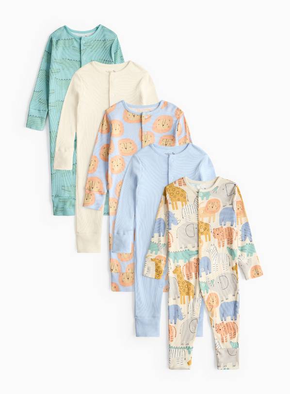 Safari Print Ribbed Sleepsuits 5 Pack Tiny Baby